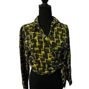 K.A.T.E. Geometric Satin Green Wrap Top Medium